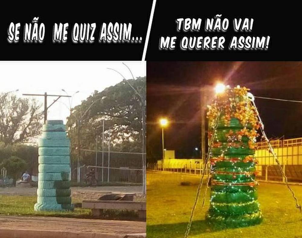 Prefeitura de Cujubim empilha pneus para fazer árvore de Natal e ato vira piada no Facebook