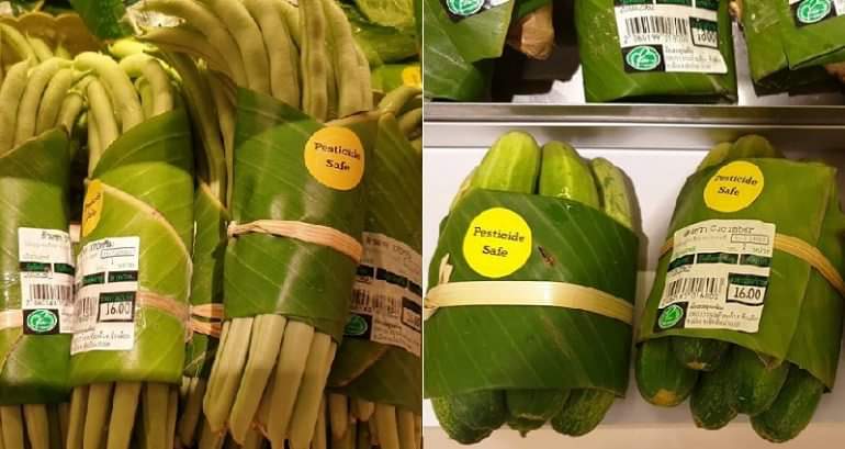 Supermercados na Ásia estão usando folhas de bananeira em vez de filme plástico.