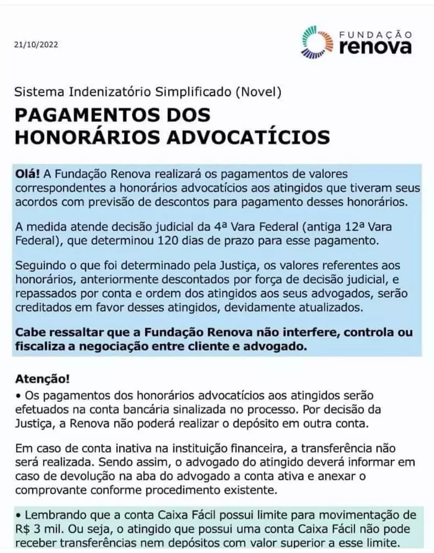 Pagamento dos 10 % descontados dos antigidos serão pagos pela Fundação Renova em até 120 dias , conforme decisão da Justiça Federal