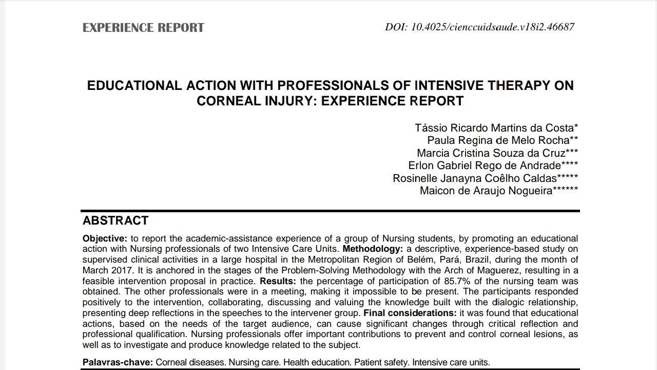 Ação educativa com profissionais de terapia intensiva sobre lesão na córnea: relato de experiência