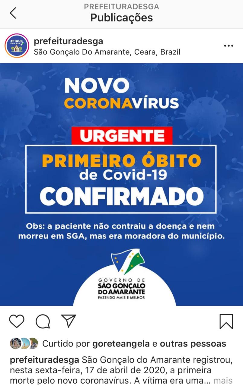 Moradora do Pecém morre vítima do novo coronavirus divulga prefeitura