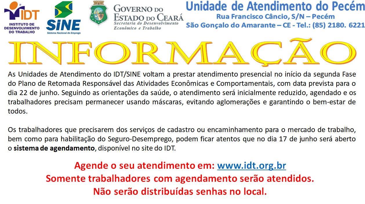 Unidade do IDT/SINE Pecém retomará o atendimento presencial nesta segunda-feira (22)