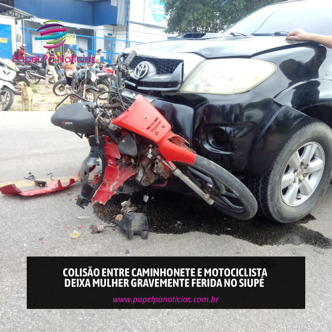 Colisão entre caminhonete e motociclista deixa mulher gravemente ferida no distrito do Siupé