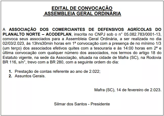 Edital de Convocação Assembleia Geral Ordinária