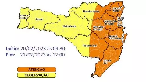 Defesa Civil emite aviso para chuva forte com alto risco de alagamentos em SC; veja mapa