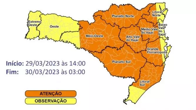 Chegada de frente fria traz novos alertas de temporais para 9 regiões de SC