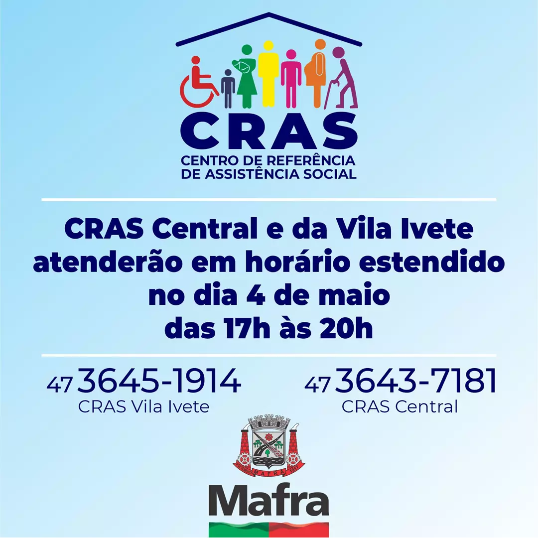 Horário estendido hoje nos CRAS Central e da Vila Ivete