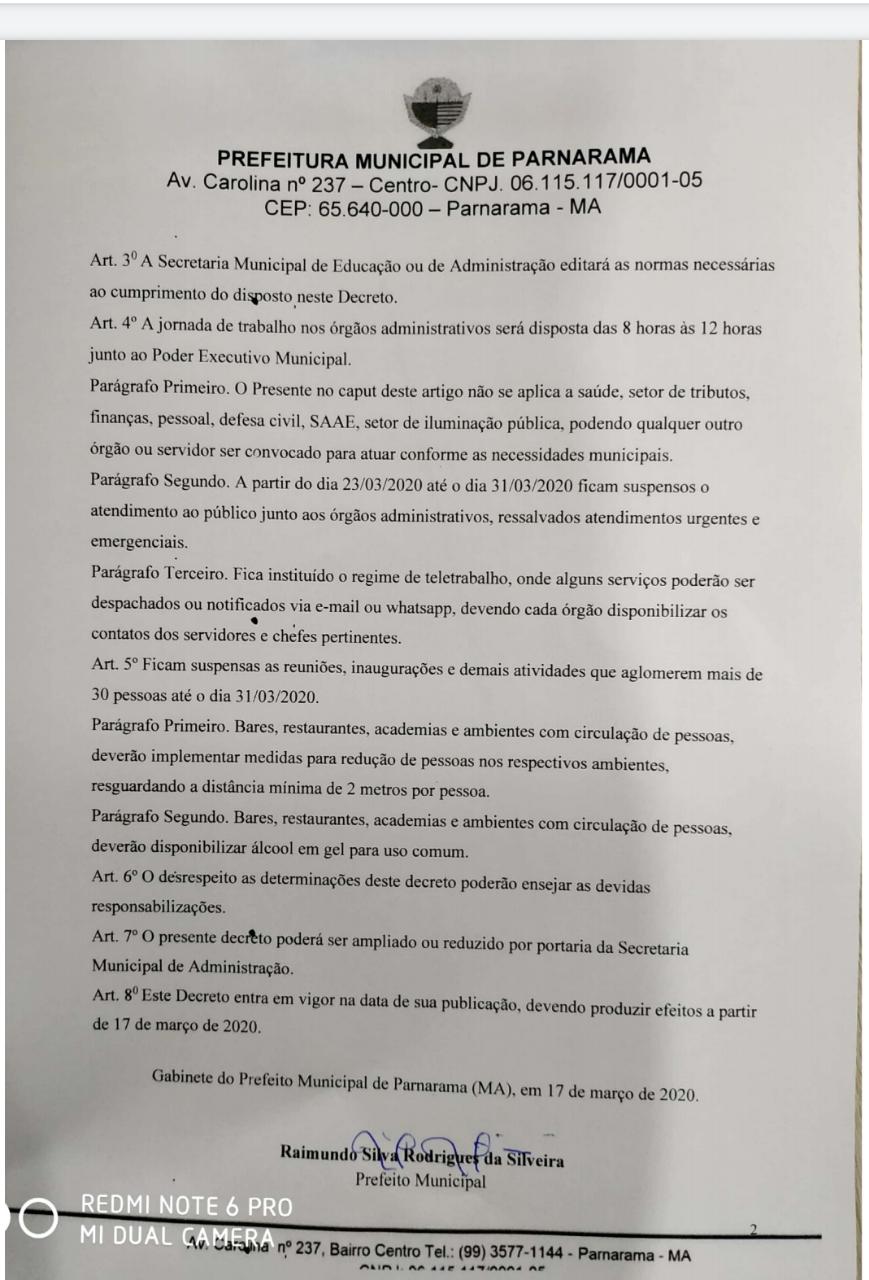 DECRETO DO PREFEITO DE PARNARAMA TRAÇA  NORMAS  PARA DEFENDER A POPULAÇÃO DO CORONAVÍRUS