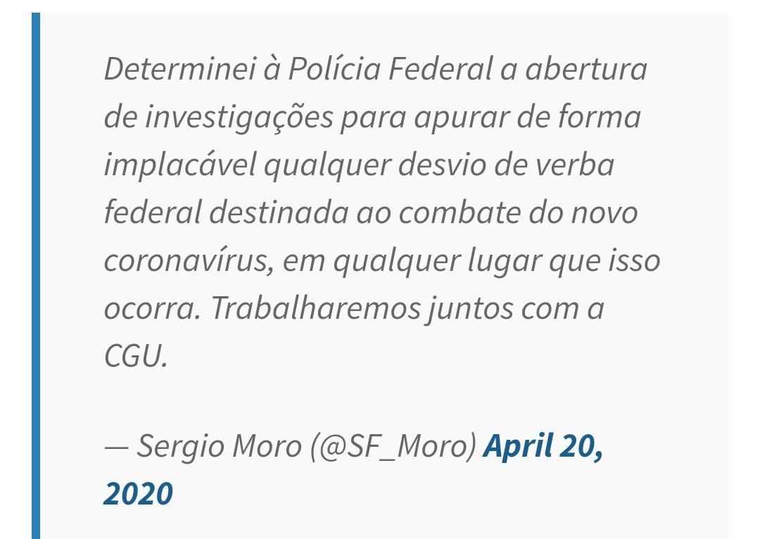 Atenção governadores! Moro manda PF investigar desvio de recursos de combate ao Covid-19