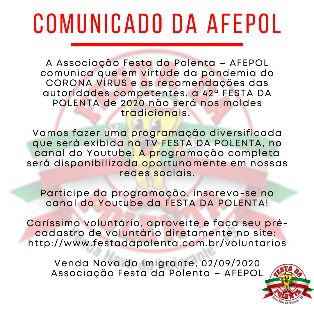 COMUNICADO DA AFEPOL - Festa da Polenta 2020