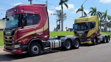 A foto mostra uma foto com duas carretas da Transpanorama