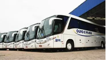 A foto mostra uma frota de ônibus da Viação Ouro e Prata