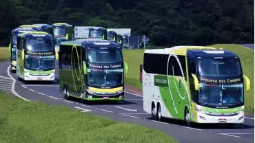 A foto mostra diversos ônibus da Expresso Princesa dos Campos