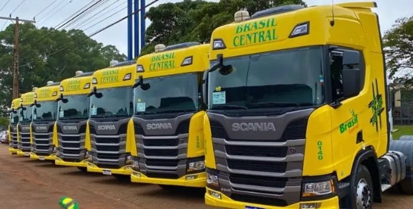 A foto mostra uma frota de caminhões da Brasil Central