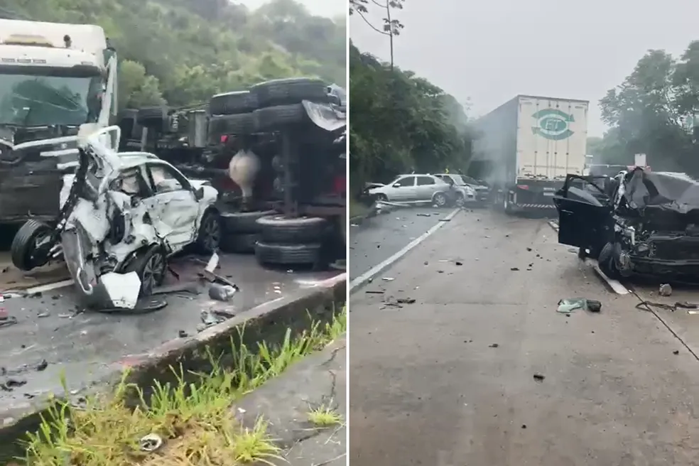 Vídeo: carreta tomba e causa grave acidente com múltiplas colisões na descida da serra de Petrópolis