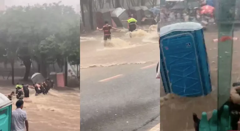 VÍDEO: Foliões e banheiros químicos são levados por enxurrada em São Paulo; veja vídeos