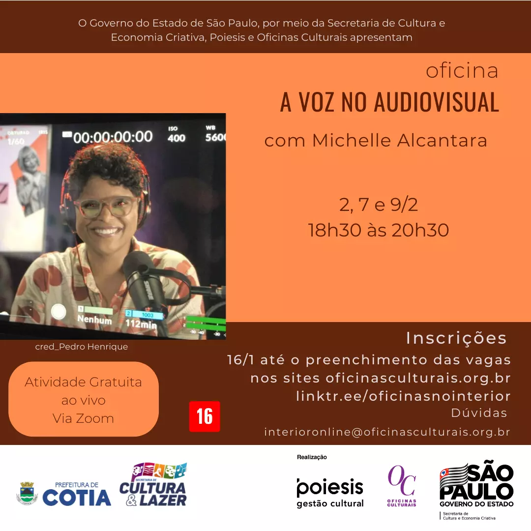 A partir de segunda, 16/01, estarão abertas as inscrições abertas para diversas oficinas culturais on-line e gratuitas