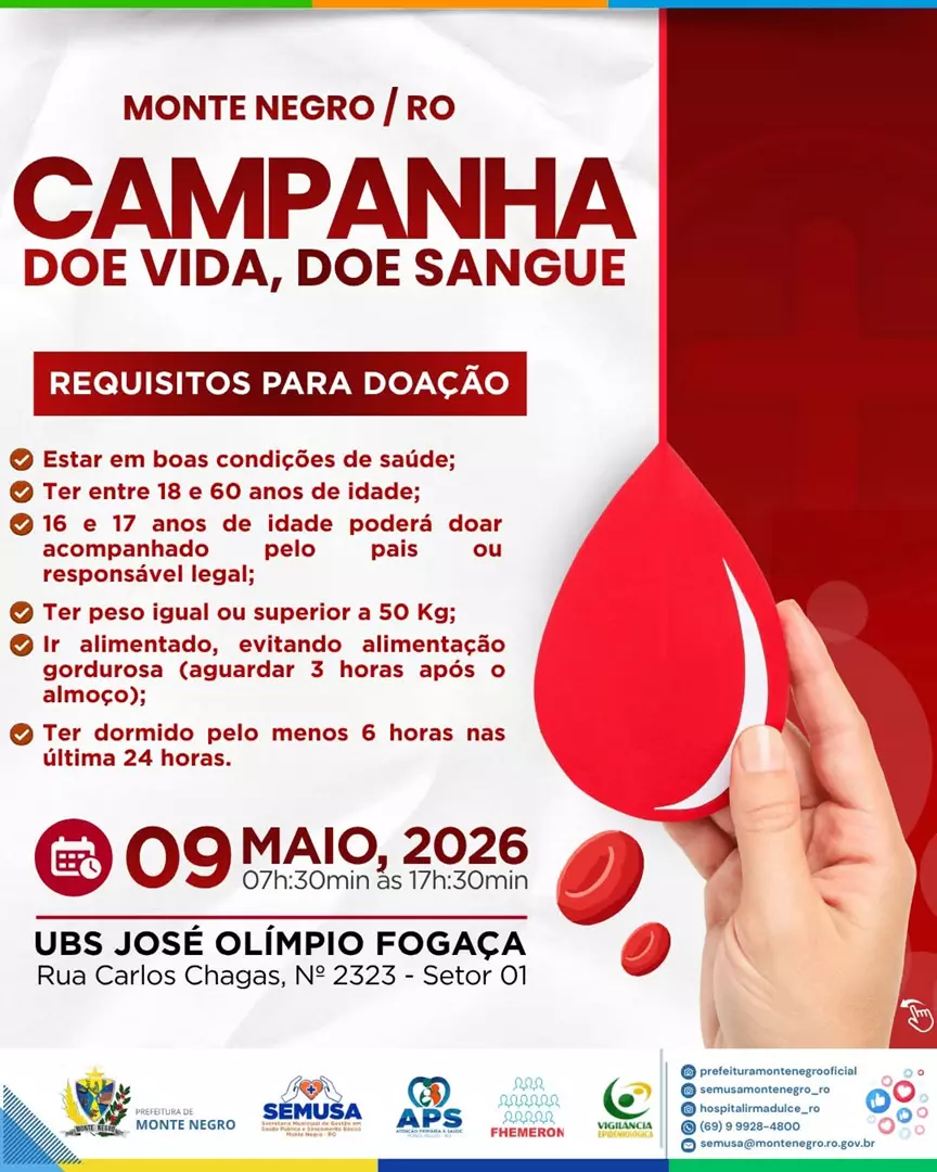 Monte Negro promove ação de doação de sangue no dia 9 de maio